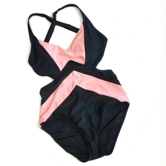MICHAEL Michael Kors One Piece Swimsuit Bikini Open Back Pink Black Regatta 10 - Picture 1 of 9